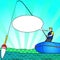 Pop art Angling person with rod in a boat on calm lake water silhouette. Text bubble. Fisher Image Comic book