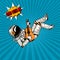 Pop art astronaut musician soaring with a guitar. Spaceman cosmonaut superhero explore adventure. engraved hand drawn in