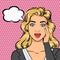 Pop art attractive business woman staring with open mouth and holding her had, good business news concept