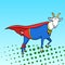 Pop art background. Flies Goat Animal Dressed As Superhero With clothes Vigilante Character. Comic style, raster