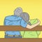 Pop art background. Grandfather and grandmother are sitting on a bench, a couple in love, Valentine Day. Vector