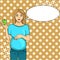 Pop art background green. Pregnant woman on the ninth month. Holds an apple in his hand. Raster illustration, text