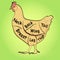 Pop art background, imitation of comics. Chicken for a restaurant menu, carcass split. Vector