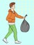 Pop art background, imitation of comics. The guy is carrying a bag of trash. Vector