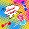 Pop art background with lollipops and candies and speech bubble