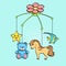 Pop art background. A musical toy over a cradle for a child. The subjects are horse, flower, star, bear and fish. raster