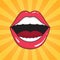 Pop art background with open mouth. Red lips of girl retro style for comic book. Female open mouth with teeth. Seductive romantic