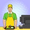 Pop art background, point. A young guy in uniform works at the fast food box office. Comic style, food, raster