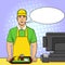 Pop art background, point. A young guy in uniform works at the fast food box office. Comic style, food, raster text