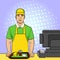 Pop art background, point. A young guy in uniform works at the fast food box office. Comic style, food, vector