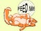 Pop art background, red cat lying on back and showing finger in mouth. Write the feed me. Vector, imitation comic style