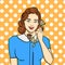 Pop art background. Retro girl, brunette talking on old phone. Comic style, vector