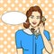 Pop art background. Retro girl, brunette talking on old phone. Comic style, vector text, bubble