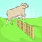 Pop art background, the sheep jumps over the fence. Training animals on the farm. Raster