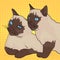Pop art background. Two cats, the animal bites the other. Siberian breed, color Neva Masquerade or Siamese. Comic style