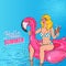 Pop Art Beautiful Blonde Woman Swimming in the Pool at the Pink Flamingo Mattress. Glamorous Girl in Bikini on Vacation