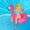 Pop Art Beautiful Blonde Woman Swimming in the Pool at the Pink Flamingo Mattress. Glamorous Girl in Bikini on Vacation