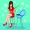 Pop Art. Beautiful girl cook. Comic style. A woman sits near the barbecue. Vector