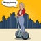 Pop Art Beautiful Woman Driving Segway in the City. Urban Transportation