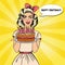 Pop Art Beautiful Woman Holding a Plate with Happy Birthday Cake with Candles