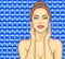 Pop art beautiful young woman makes a face massage