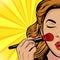 Pop art beauty of the face. Make-up, woman brush causes the tone to the face