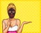 Pop art blond woman holding a mask in her hand imitating a cosmetology face mask