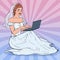 Pop Art Bride with Laptop. Happy Woman in Wedding Dress Shopping Online