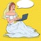 Pop Art Bride with Laptop. Young Happy Woman in Wedding Dress Shopping Online