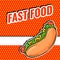 Pop Art bright Fast Food banner with Hot Dog and space for your text, vector HoT Dog with mustard and lettuce illustration