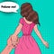 Pop Art Brunette Woman Holding Hands. Follow Me Journey Concept