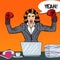 Pop Art Business Woman in Boxing Gloves at Multi Tasking Office Work