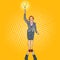 Pop Art Business Woman with Lightbulb. Team Work