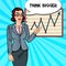 Pop Art Business Woman Pointing on Growth Graph. Business Presentation