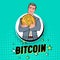 Pop Art Businessman with Big Golden Bitcoin Coin. Crypto Currency Concept. Virtual Money Advertising Poster