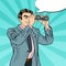 Pop Art Businessman with Binoculars Looking for Money with Comic Speech Bubble