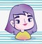 Pop art cartoon girl purple hair halftone comic stripes background