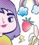 Pop art cartoon girl rainbow fruit and thunderbolt, comic halftone design