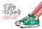 Pop art cartoon woman sneaker listen heart