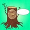 Pop art Carved wooden bear portrait from a tree in the forest. art imitation, vector illustration text bubble