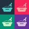 Pop art Cat litter tray with shovel icon isolated on color background. Sandbox cat with shovel. Vector