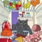 Pop Art Cat Steals Food from Refrigerator. Hungry Pet in Fridge