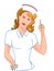 Pop art characters strong nurse woman pointing and white background