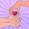 Pop Art Charity Organ Donation Concept. Hand Giving Heart. Health Care, Medicine