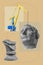 Pop art collage with antique statue head and industrial objects and machinery details. Surreal poster. Alternative zine