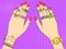 Pop art colored raster illustration. Hands of women in fashion jewelry, rings, jewelry, watches and Bijou. Imitation