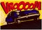 Pop art comic book car at speed with vrooom onomatopoeia vector illustration