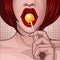 Pop art comic book illustration with a red-skinned sexy girl holding a lollipop in her mouth