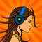Pop art comic book style woman listening music in headphones