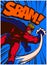 Pop art comic book superhero in action punching and fighting vector illustration